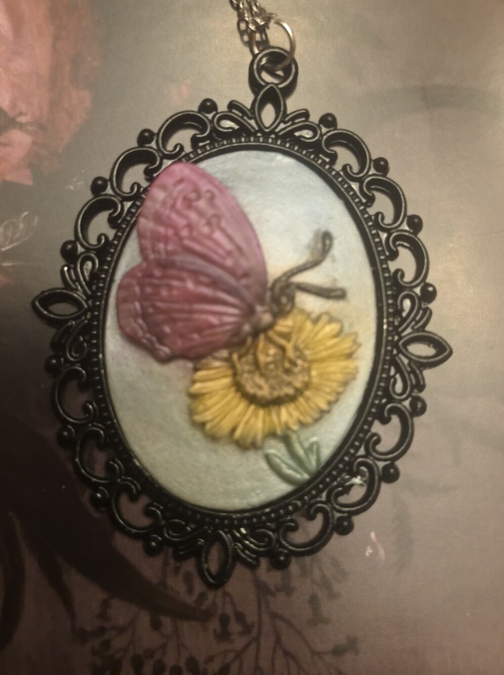 Pink Butterfly Resting On A Sunflower Pendant In A Black Frame W Chain Necklace